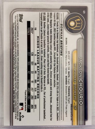 2024 Bowman Chrome Baseball Jackson Chourio Mojo Refractor RC #69 Brewers - 第 2/2 張圖片