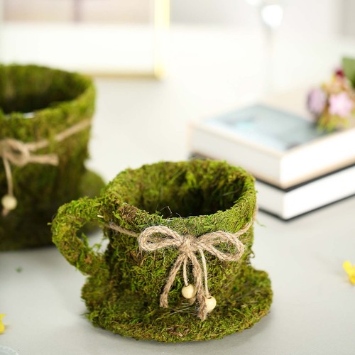 2 Green Natural Moss Teacups Planter Boxes Ribbons Home Wedding Party Sale - Picture 4 of 7
