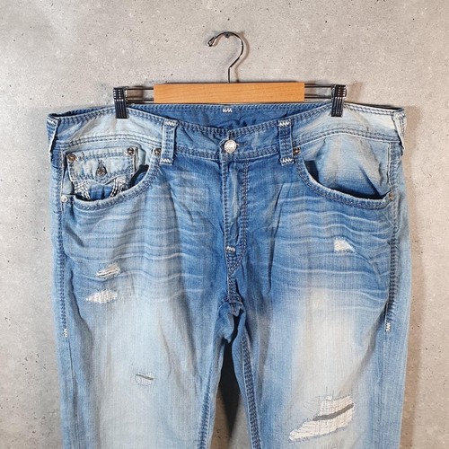 Vintage True Religion Straight Mega T Flap Y2K Jeans Mens W42 L28 Blue - Picture 3 of 8