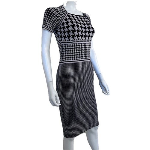 Escada S Small (2 4) Black Beige Houndstooth Sweater Sheath Dress Bodycon Wool - Picture 3 of 14