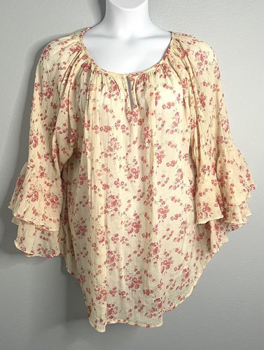 Chaps Womens Blouse 2X Plus Floral Tunic Shirt Top Bell Sleeve Keyhole Neck