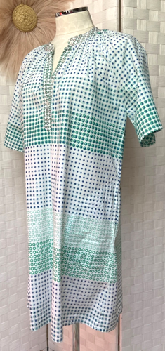 Oliphant Kleid 100% Baumwolle Kurzarm weiß grün blau Print Taschen Knopf L - Bild 6 von 13