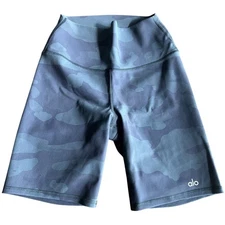 Alo Yoga Camo High Waisted Biker Shorts Women's Size L Black Green Athletic