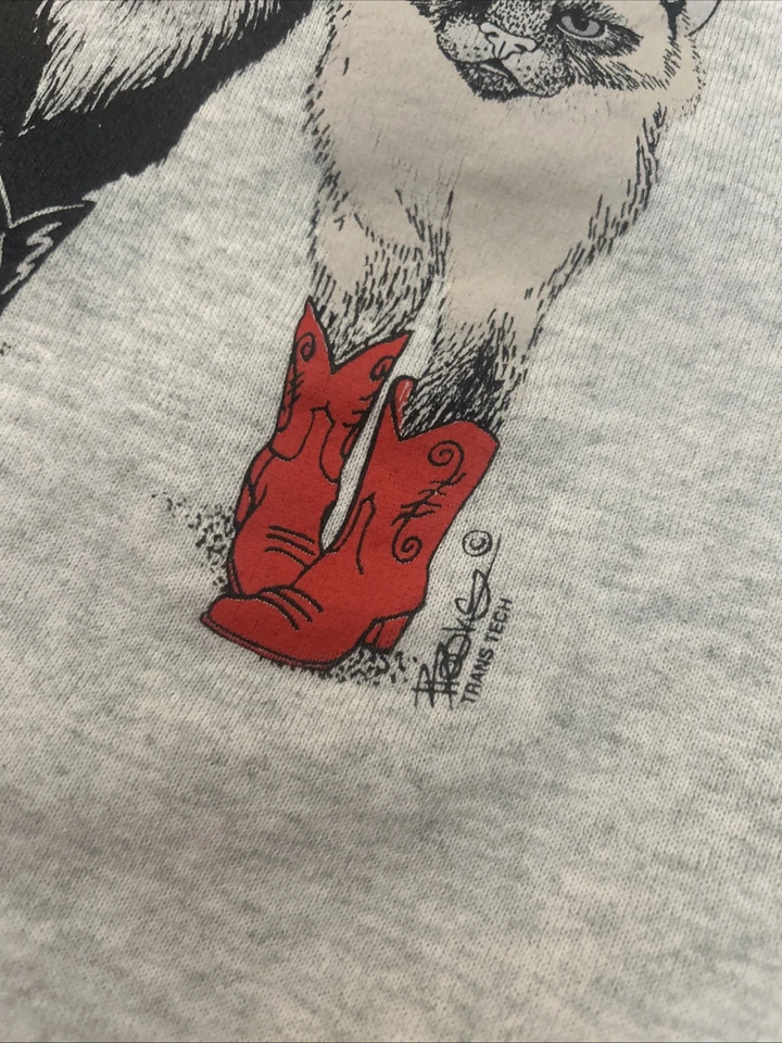 Vintage Western Cowboys Cats Sweatshirt 90s Double Sided Crew Neck Gray Sz L - Image 3 of 4