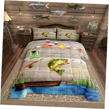 Go Fishing Quilt Set Rustic Farmhouse Comforter Set Size Full Green Brown Red
