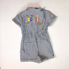 Mini Boden Blue Ticking Stripe Denim Romper Soleil, Size 9/10