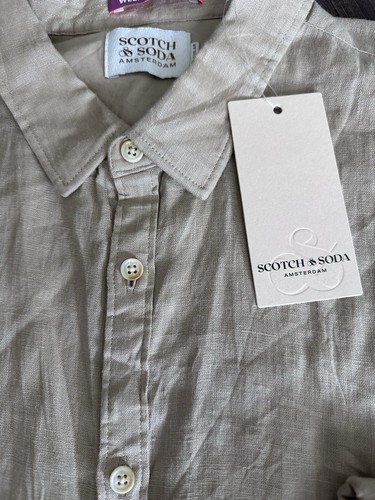 Scotch & Soda Amsterdam Hombre Manga Enrollable Lino Camisa Caqui Beige XXL - Imagen 3 de 8