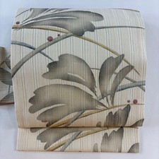 Nagoya Obi Beige Pure Silk Flower Dew Grass Pattern 369cm Used