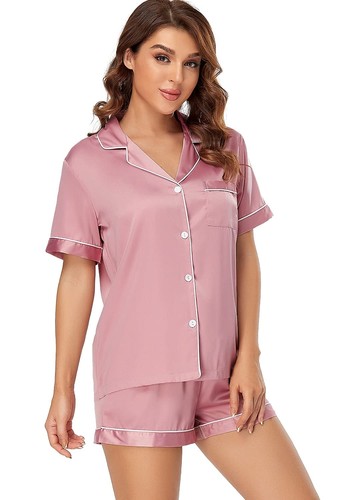Women's Satin Pajama Set 2-Piece Sleepwear Loungewear Button Down Short Sleev... - Picture 3 of 6