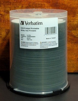 VERBATIM 95252 CD-R 52x 700MB 80Min White Inkjet Hub Printable 100 Pack Spindle