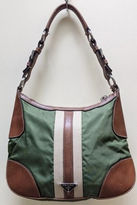 PRADA Tessuto Sport Hobo Bag Green Nylon Brown Leather Racing Stripe Vintage Y2K