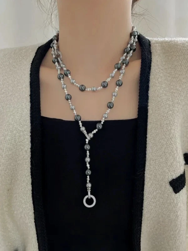 AAAA 8-12 мм черный серый круглый жемчуг ожерелье + браслет + серьги комплект - Изображение 2 из 4