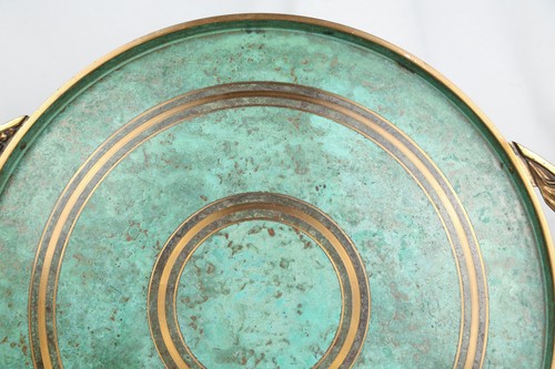 Vtg Carl Sorensen 14” Round Serving Tray Verdigris Metal Bronze Brass Handles - Picture 3 of 13