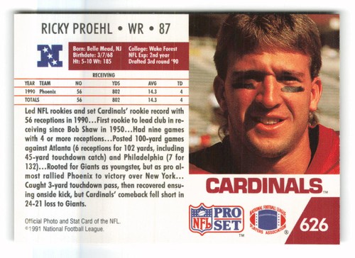 1991 Pro Set #626 Ricky Proehl Phoenix Cardinals - Picture 2 of 2