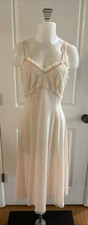 Vintage Pale Pink Satin Lace Nightie Nightgown Midi V-Neck Straps Slip Dress S/M