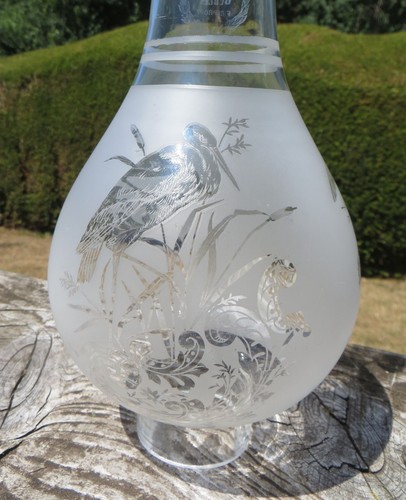 Etched Oil Lamp Chimney / Hurricane Shade - Crane/Bird & Nest - JC Meyers Dublin - Picture 8 of 12