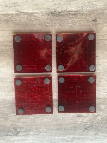 Pier 1 Imports Red Irredescent Glass Mosaic Coasters Set Of 4 Made In India 4x4" - Foto 3 di 6