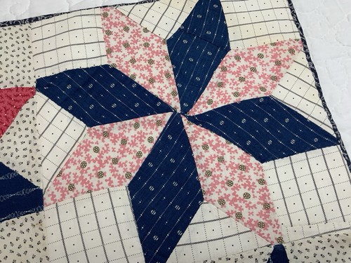 Antique Vintage Patchwork Quilt Table Topper, Star, Early Calicos, Pink, Navy - Picture 15 of 23