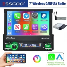 Single DIN 7" Wireless Carplay Car Stereo MP5 Player Radio Flip Out Touch Screen