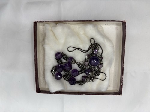 Collar Vintage Mughal Renacimiento Amatista Plata Filigrana Colgante India - Imagen 6 de 7