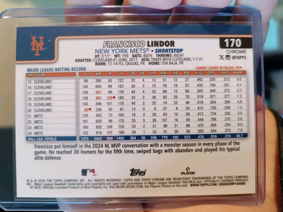 2025 Topps Chrome Baseball Sapphire - Francisco Lindor #/10 - Image 2 of 2