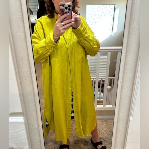 Zara Linen Lime Green Oversized Button Up Shirt Dress NWT Coverup Duster LARGE - Picture 4 of 6