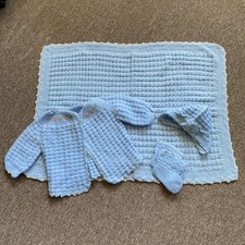Vintage Crochet Knitted Baby Layette Set Sweater Hat Booties Blanket Blue Pink