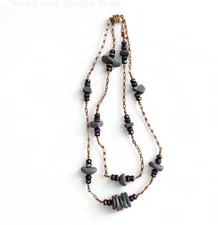 MULTI STRAND GOLDTONE NECKLACE GRAY, BLUE GOLD BEADS, 19", LONGER 17.5" SHORTER