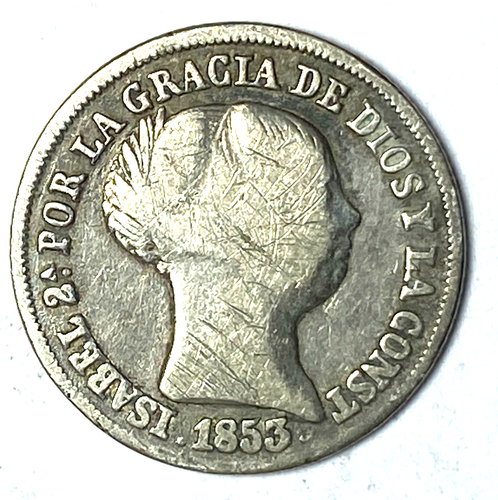 Moneda de plata de 2 reales España 1853 KM# 599,3 7 puntas estrella - Imagen 1 de 2