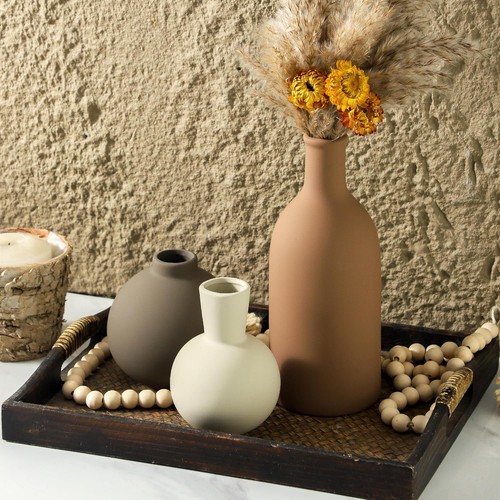 3er Set Keramik Neutral Vasen Wohndeko Rustikal Blume Keramik Herzstück - Bild 7 von 7