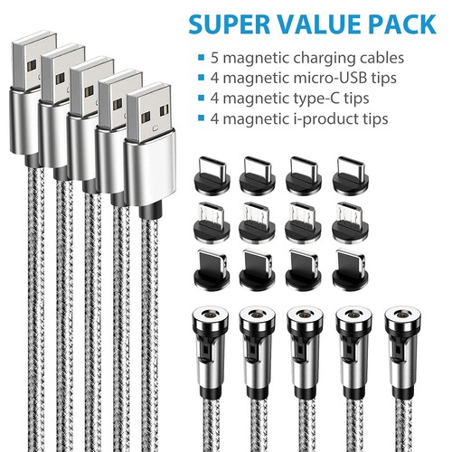 Terasako Magnetic Charging Cable 5-Pack (3/3/6/6/10FT), 540° Rotating Silver - Afbeelding 5 van 5