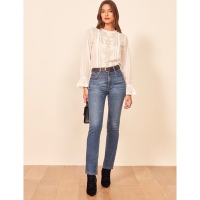 Reformation Lisa High Rise Straight Long Jeans Palermo Blue Denim 32'' Sz 28
