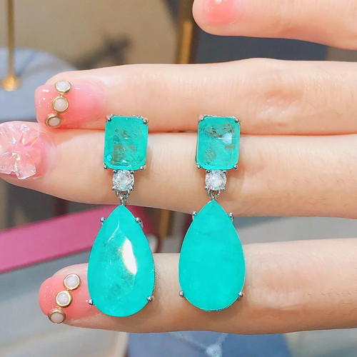 Trend Ohrringe silberfarben 39 mm lang Paraiba Turmalin Smaragd Tropfen - Bild 14 von 28