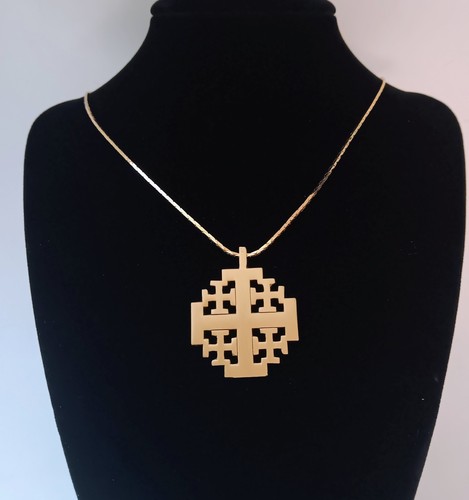 Vintage Israel Terra Sancta Gilde 1969 Messing Jerusalem Kreuz Halskette goldfarbene Kette - Bild 4 von 7