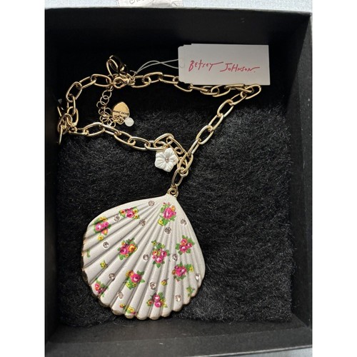 Betsey Johnson Seashell Shell Statement Chain Necklace w/ Flowers & Rhinestones - Picture 2 of 6