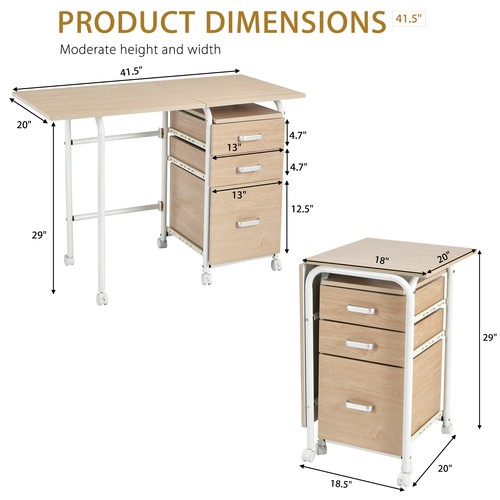 Folding Computer Laptop Desk Wheeled Home Office Furniture W/ 3 Drawers - Picture 2 of 8