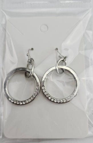 Silver Tone Hoop Drop Dangle Earrings for Pierced Ears – Simulated Diamonds - Picture 8 of 9