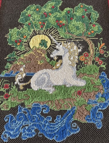 Vintage 1970s Completed Unicorn Forest Sun Sea Framed Crewel Needlepoint - Picture 2 of 10