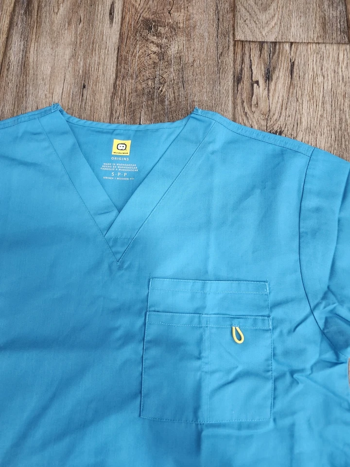 WonderWink Unisex Scrub Set Mens Womens Origins Turquoise Pants Top Aqua Small - Image 3 of 4