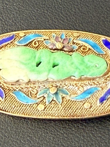 Beautiful Vintage Chinese Export Gold Gilt Silver Enamel Jade Brooch Pin Box G7 - Picture 6 of 15