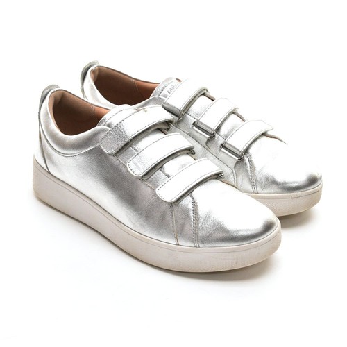 Womens Fitflop Rally Strap Low Top Sneakers 38 / 7 Silver Leather Trainers Shoes