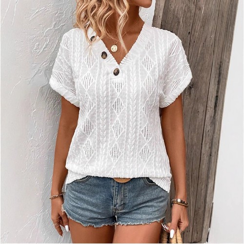 New Arrival !spring and Summer Fashion V-Neck Buttons Jacquard Top - Picture 31 of 31