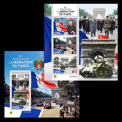 WWII Liberation of Paris De Gaulle MNH Stamps 2024 Central African M/S + S/S - Picture 1 of 3