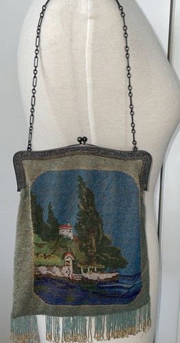 Antique STERLING SILVER Micro-Beaded Purse w/ Scenic Seaside Village 18-1900’s - Picture 14 of 17
