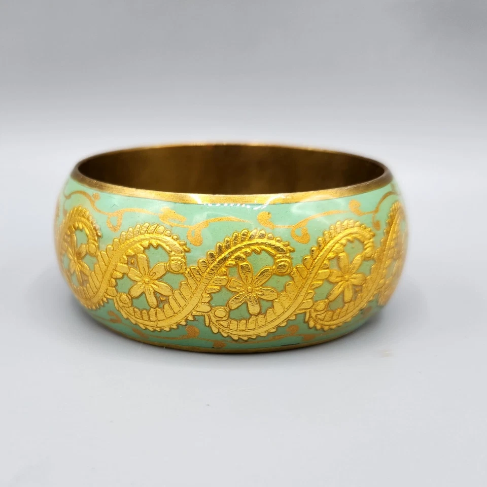 Seafoam Green & Gold Enamel Ornate Floral Wide Chunky Brass Bangle Bracelet 8" - Image 3 of 4