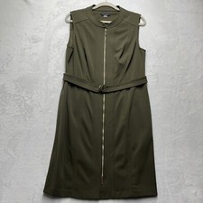 Tommy Hilfiger Scuba Knit Sheath Dress Sleeveless Women's Size 14 Olive Gold Zip