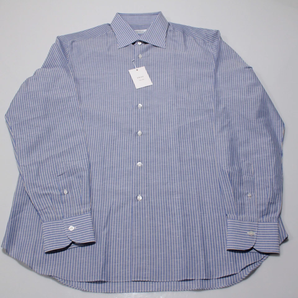 Camisa de vestir Fray nueva con etiquetas talla 17,5 44 en mezcla de algodón/lino a rayas azules/marrones/blancas Foto 3 de 4