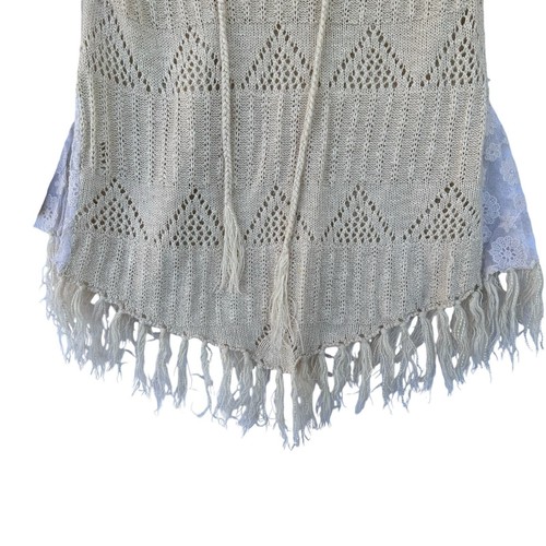 Double Zero Bohemian Cream Knit Pullover Sweater Fringe Floral Lace Bell Sleeve - Picture 3 of 13