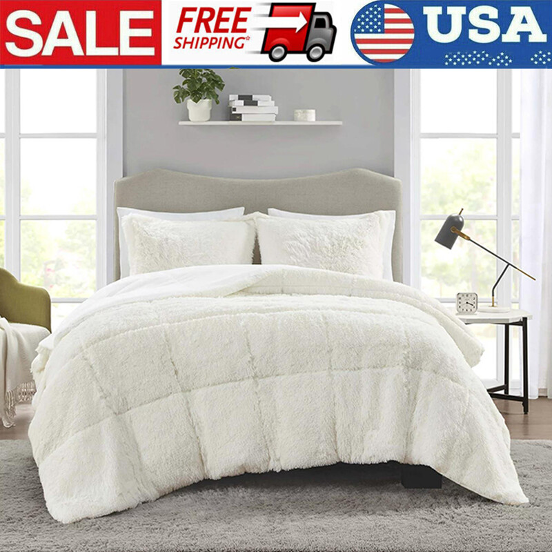 Shaggy Faux Fur 3Pc Ivory Comforter Set Home Bedding Machine Washable Full/Queen eBay