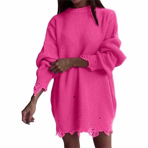 Mujer Suéter Vestido Suelto Manga Larga Cuello Redondo Rasgado Pullover Tejido Top Camisa - Imagen 15 de 48